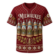 Load image into Gallery viewer, Bavarian Stein Milwaukee Baseball Jersey in Burgundy Red, front view – hand-painted steins with pewter lids and diamond lattice, custom name and number