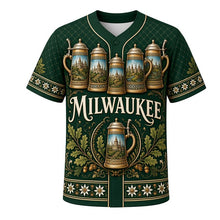 Load image into Gallery viewer, Bavarian Stein Milwaukee Baseball Jersey in Black Forest Green, front view – hand-painted steins with pewter lids and diamond lattice, custom name and number