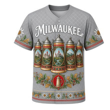 Load image into Gallery viewer, Bavarian Stein Milwaukee Baseball Jersey in Pewter Gray, front view – hand-painted steins with pewter lids and diamond lattice, custom name and number
