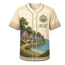 Load image into Gallery viewer, Bay View Bungalow Milwaukee Baseball Jersey in Front Porch Butter, front view – Bay View bungalows, porches and lake bluffs art, custom name and number
