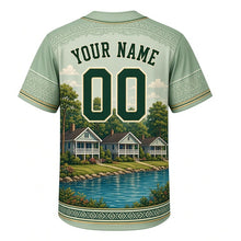 Load image into Gallery viewer, Bay View Bungalow Milwaukee Baseball Jersey in Porch Sage Green, back view with your name and number – custom name and number with patterned sleeve trim