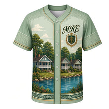 Load image into Gallery viewer, Bay View Bungalow Milwaukee Baseball Jersey in Porch Sage Green, front view – Bay View bungalows, porches and lake bluffs art, custom name and number
