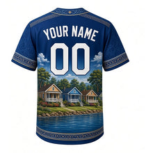 Load image into Gallery viewer, Bay View Bungalow Milwaukee Baseball Jersey in Lake Bluff Blue, back view with your name and number – custom name and number with patterned sleeve trim