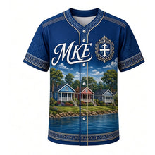 Load image into Gallery viewer, Bay View Bungalow Milwaukee Baseball Jersey in Lake Bluff Blue, front view – Bay View bungalows, porches and lake bluffs art, custom name and number