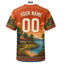 Load image into Gallery viewer, Bay View Bungalow Milwaukee Baseball Jersey in Bungalow Terracotta, back view with your name and number – custom name and number with patterned sleeve trim