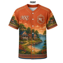Load image into Gallery viewer, Bay View Bungalow Milwaukee Baseball Jersey in Bungalow Terracotta, front view – Bay View bungalows, porches and lake bluffs art, custom name and number