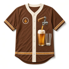 Load image into Gallery viewer, Amber Pour Beer Baseball Jersey in Chestnut Brown, front view – custom name and number