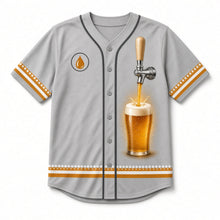Load image into Gallery viewer, Amber Pour Beer Baseball Jersey in Smoke Gray, front view – custom name and number