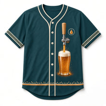 Load image into Gallery viewer, Amber Pour Beer Baseball Jersey in Taproom Teal, front view – custom name and number