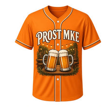 Load image into Gallery viewer, Beer Garden Prost Milwaukee Baseball Jersey in Amber Ale Orange, front view – PROST MKE lettering and clinking beer steins art, custom name and number