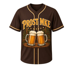 Load image into Gallery viewer, Beer Garden Prost Milwaukee Baseball Jersey in Dark Lager Brown, front view – PROST MKE lettering and clinking beer steins art, custom name and number