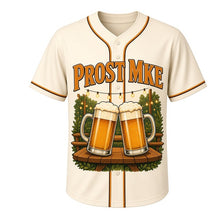 Load image into Gallery viewer, Beer Garden Prost Milwaukee Baseball Jersey in Foam Cream, front view – PROST MKE lettering and clinking beer steins art, custom name and number