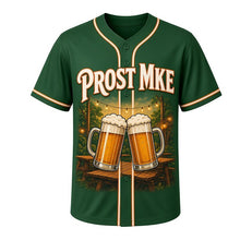 Load image into Gallery viewer, Beer Garden Prost Milwaukee Baseball Jersey in Hop Garden Green, front view – PROST MKE lettering and clinking beer steins art, custom name and number