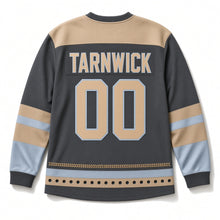 Load image into Gallery viewer, Mash Paddles Crossed Beer Hockey Jersey in Kiln Charcoal, back view with your name and number