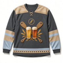 Load image into Gallery viewer, Mash Paddles Crossed Beer Hockey Jersey in Kiln Charcoal, front view – custom name and number