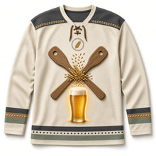 Load image into Gallery viewer, Mash Paddles Crossed Beer Hockey Jersey in Grist Cream, front view – custom name and number