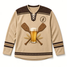 Load image into Gallery viewer, Mash Paddles Crossed Beer Hockey Jersey in Paddle Oak Tan, front view – custom name and number