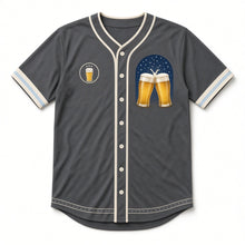 Load image into Gallery viewer, Starlit Toast Beer Baseball Jersey in Midnight Charcoal, front view – custom name and number