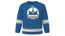 Load image into Gallery viewer, Belgrade Original Hockey Jersey in Danube Blue, front view – custom name and number