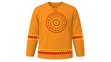 Load image into Gallery viewer, Bhai Dooj Original Hockey Jersey in Saffron, front view – custom name and number