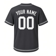 Load image into Gallery viewer, Bicycle Commute Milwaukee Baseball Jersey in Asphalt Charcoal, back view with your name and number – custom block name and number with chain-link-stripe sleeves
