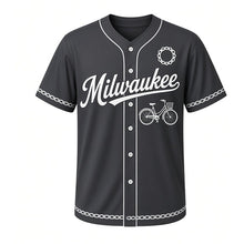 Load image into Gallery viewer, Bicycle Commute Milwaukee Baseball Jersey in Asphalt Charcoal, front view – city bicycle with front basket graphic and chain-ring crest, custom name and number
