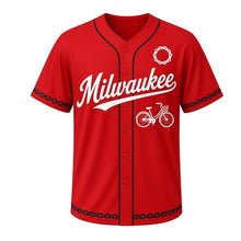 Load image into Gallery viewer, Bicycle Commute Milwaukee Baseball Jersey in Bike Lane Red, front view – city bicycle with front basket graphic and chain-ring crest, custom name and number