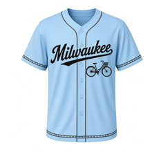 Load image into Gallery viewer, Bicycle Commute Milwaukee Baseball Jersey in Clear Sky Blue, front view – city bicycle with front basket graphic and chain-ring crest, custom name and number