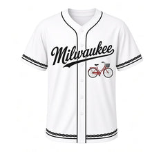 Load image into Gallery viewer, Bicycle Commute Milwaukee Baseball Jersey in Chalk White, front view – city bicycle with front basket graphic and chain-ring crest, custom name and number