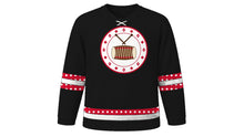 Load image into Gallery viewer, Bihu Original Hockey Jersey in Black, front view – dhol drum and gamosa-motif crest – custom name and number