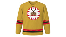 Load image into Gallery viewer, Bihu Original Hockey Jersey in Muga Gold, front view – dhol drum and gamosa-motif crest – custom name and number