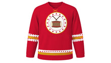 Load image into Gallery viewer, Bihu Original Hockey Jersey in Gamosa Red, front view – dhol drum and gamosa-motif crest – custom name and number