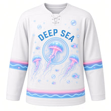 Load image into Gallery viewer, Bioluminescent Deep Sea Original Hockey Jersey in Pearl Glow, front view – glowing jellyfish and deep-sea light specks with jellyfish bubble-ring crest, custom name and number