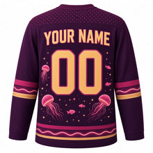 Load image into Gallery viewer, Bioluminescent Deep Sea Original Hockey Jersey in Midnight Plum, back view with your name and number – bubble-dot yoke and glowing wave hem stripes