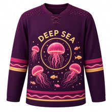 Load image into Gallery viewer, Bioluminescent Deep Sea Original Hockey Jersey in Midnight Plum, front view – glowing jellyfish and deep-sea light specks with jellyfish bubble-ring crest, custom name and number