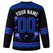 Load image into Gallery viewer, Bioluminescent Deep Sea Original Hockey Jersey in Trench Black, back view with your name and number – bubble-dot yoke and glowing wave hem stripes