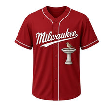 Load image into Gallery viewer, Bird Bath Milwaukee Baseball Jersey in Bungalow Brick Red, front view – stone bird bath with a perched songbird graphic, custom name and number