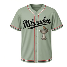 Load image into Gallery viewer, Bird Bath Milwaukee Baseball Jersey in Backyard Sage, front view – stone bird bath with a perched songbird graphic, custom name and number