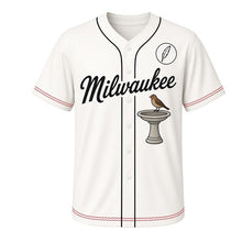 Load image into Gallery viewer, Bird Bath Milwaukee Baseball Jersey in Garden Stone White, front view – stone bird bath with a perched songbird graphic, custom name and number
