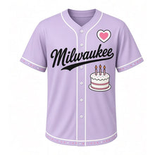 Load image into Gallery viewer, Birthday Cake Milwaukee Baseball Jersey in Party Lavender, front view – frosted birthday cake with candles graphic, custom name and number