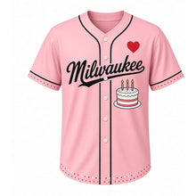 Load image into Gallery viewer, Birthday Cake Milwaukee Baseball Jersey in Sprinkle Pink, front view – frosted birthday cake with candles graphic, custom name and number