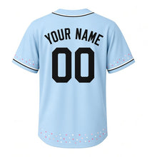 Load image into Gallery viewer, Birthday Cake Milwaukee Baseball Jersey in Party Balloon Blue, back view with your name and number – custom block name and number with confetti-pattern sleeves