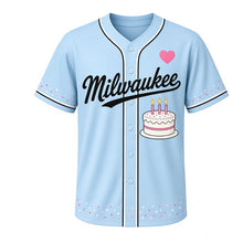 Load image into Gallery viewer, Birthday Cake Milwaukee Baseball Jersey in Party Balloon Blue, front view – frosted birthday cake with candles graphic, custom name and number