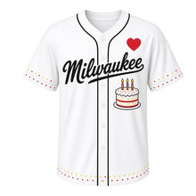 Load image into Gallery viewer, Birthday Cake Milwaukee Baseball Jersey in Frosting White, front view – frosted birthday cake with candles graphic, custom name and number