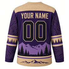 Load image into Gallery viewer, Black Bear Wilderness Original Hockey Jersey in Huckleberry Dusk, back view with your name and number – contour-line yoke and mountain-ridge hem stripes