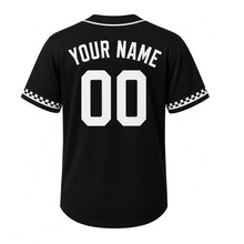 Load image into Gallery viewer, Board Game Night Milwaukee Baseball Jersey in Midnight Black, back view with your name and number – custom block name and number with checkerboard sleeves