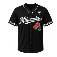 Load image into Gallery viewer, Board Game Night Milwaukee Baseball Jersey in Midnight Black, front view – red dice and a green game pawn graphic, custom name and number