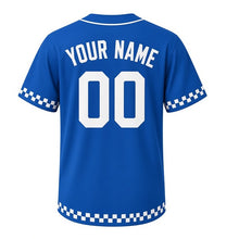 Load image into Gallery viewer, Board Game Night Milwaukee Baseball Jersey in Rolling Lake Blue, back view with your name and number – custom block name and number with checkerboard sleeves