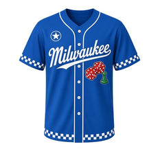 Load image into Gallery viewer, Board Game Night Milwaukee Baseball Jersey in Rolling Lake Blue, front view – red dice and a green game pawn graphic, custom name and number