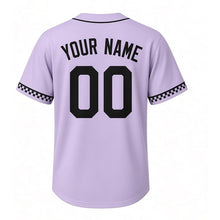 Load image into Gallery viewer, Board Game Night Milwaukee Baseball Jersey in Lucky Lavender, back view with your name and number – custom block name and number with checkerboard sleeves